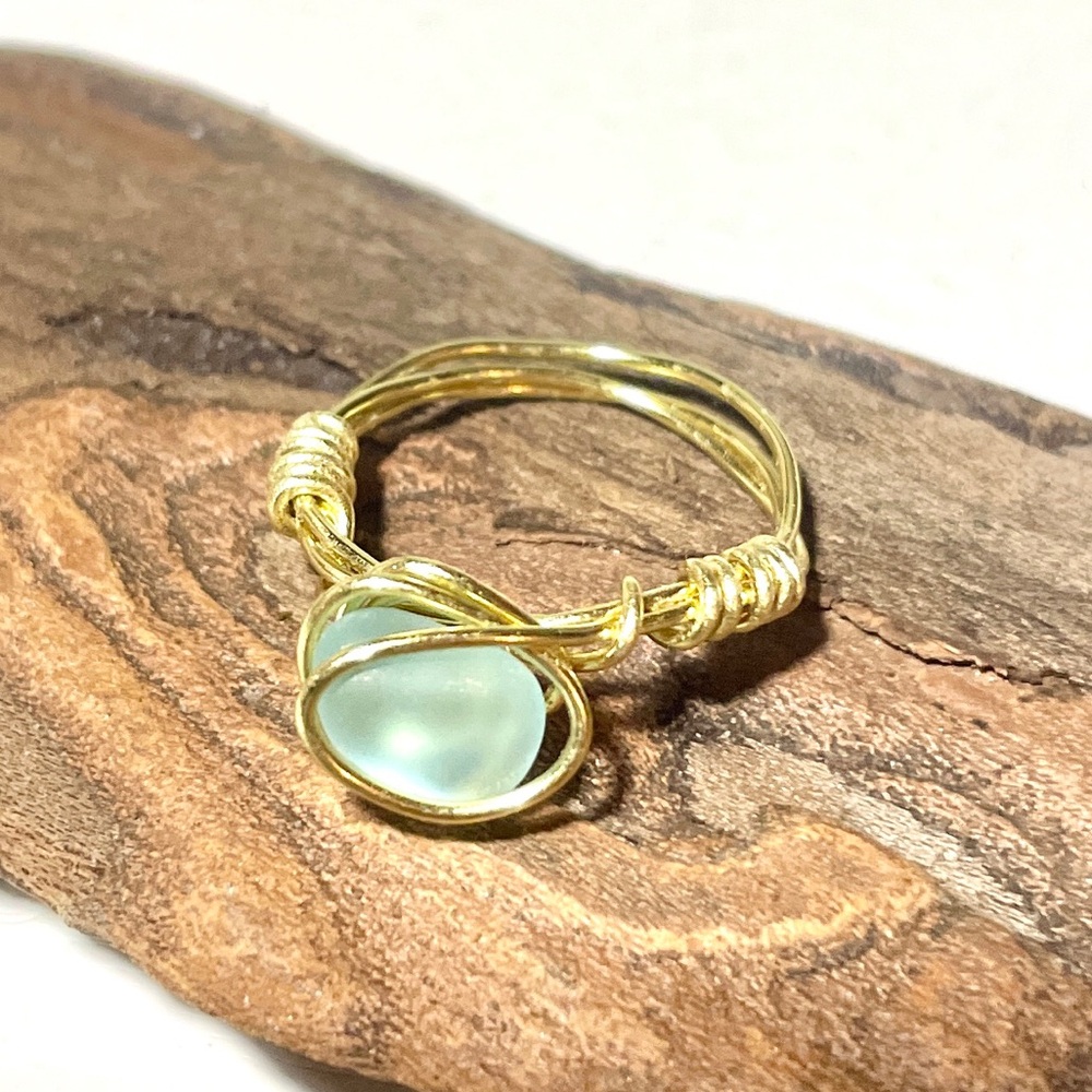 Artisan Sea Glass and Gold Wire Wrapped Ring Size 6.5